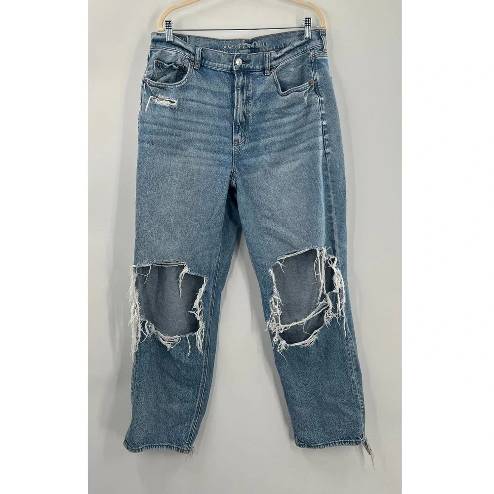 American‎ Eagle AEO highest rise baggy straight leg distressed jeans boho 16